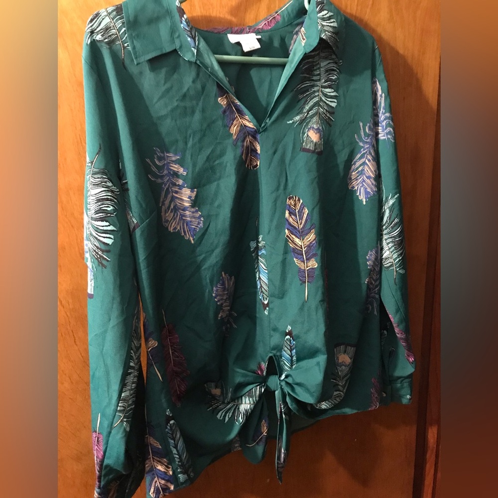 ❤️ Jaclyn Smith Women's Teal Feather Print Tie-Front Blouse Size Large